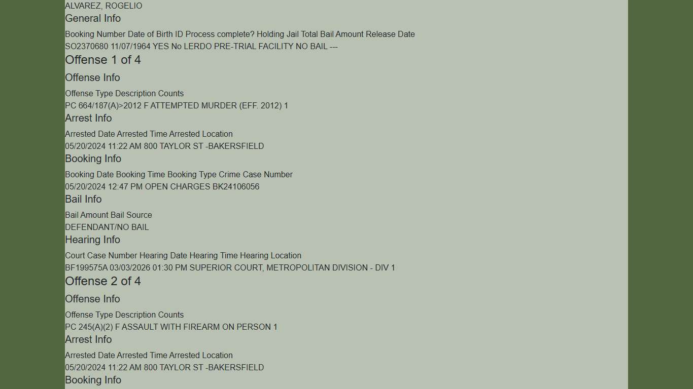 Inmate Information Printable KCSO